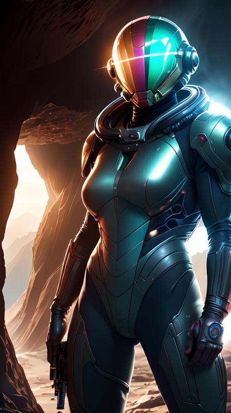 07683-1556540753-sexy blond Samus Aran from Metroid wearing blue suit with high platforms standing on a floor of a cave near ((grey humanoid mons.png